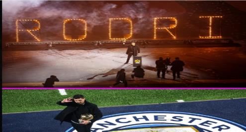  مانشستر سيتي ضد توتنهام.. رودري يحتفل بالكرة الذهبية في ملعب الاتحاد (فيديو)